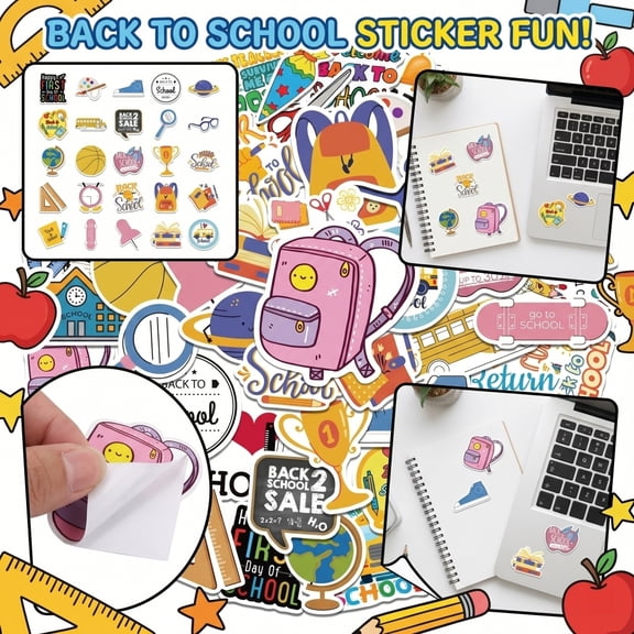 50-Pack Back to School Stickers, Waterproof DIY Decorative Decals for Water Bottles, Laptops, Skateboards & Student Locker Decor,As Show