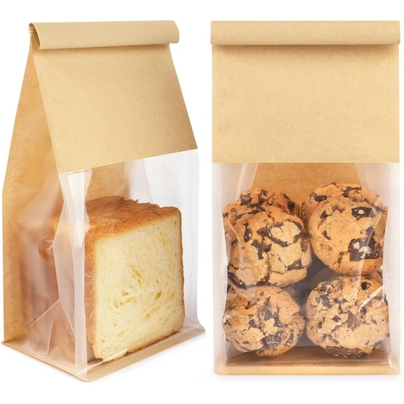50 Pack Bakery Bags with Window, 5.1x3.9x11 Inches Tin Tie Tab Lock Resealable Cookie Bags for Packaging Bagels, Bread Loaf, Pastry, Baked Goods | Thick Material, Grease Resistant, Self Standing