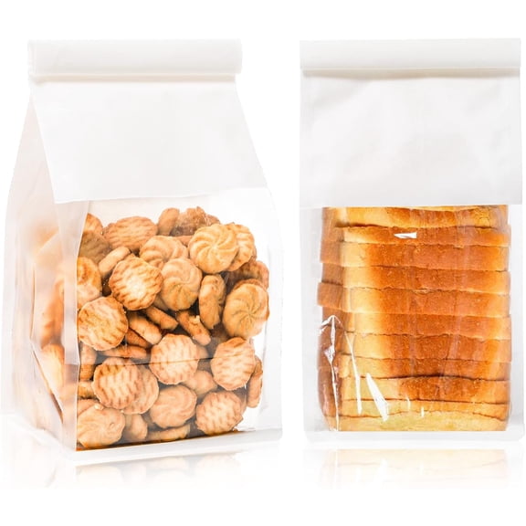 50 Pack Bakery Bags with Window, White Kraft Paper Bag with Tin Tie Tab Lock, Grease Proof Cookie Treat Bag, Coffee Beans Popcorn Snack Gift Bags for Wedding Favors Baked Goods