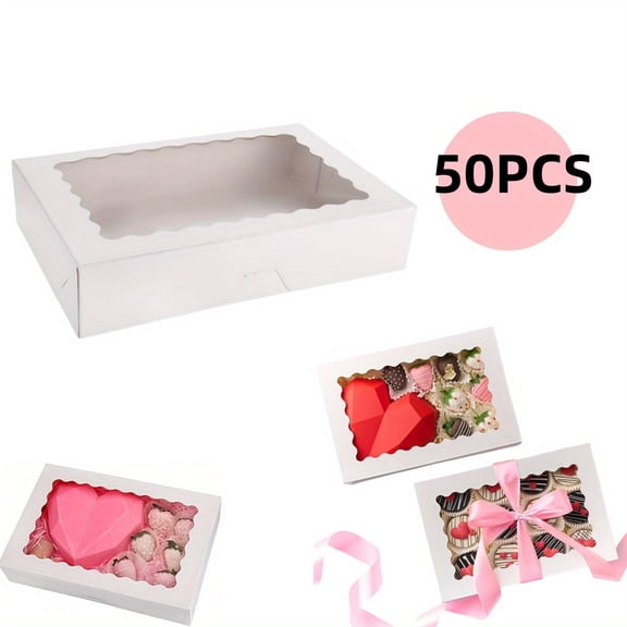 50-Pack Bakery Boxes with Window, 12" x 8" x 2.5", Cookie Boxes, Auto-Popup Treat Boxes for Pies, Muffins, Donuts, Chocolates and Pastries (White)