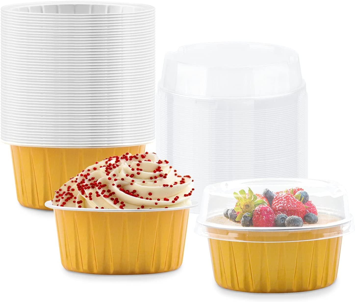 50 Pack Baking Cups with Lids, Aluminum Foil Cupcake Cups Muffin Liners, Disposable Foil Ramekins, Cupcake Holders Dessert Containers Mini Pudding Cups for Birthday, Christmas (Gold)