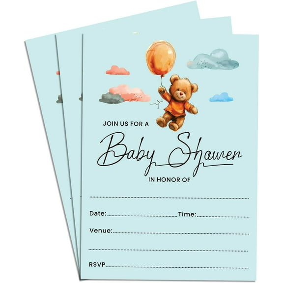 50 Pack Bear Ballon Baby Shower Invitation Cards Single Sided Neutral Blank Fill In Invites 4x6"