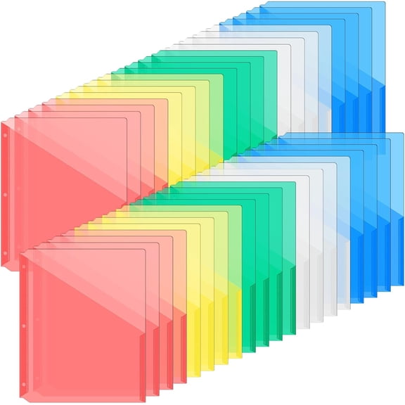 50 Pack Binder Pockets 3 Hole Punch Clear Plastic Document Folders Binder Organizer Store Letter Size 8.5x11 Inch Paper Folders with Pockets Slash File Jacket for Office (Fresh Color)