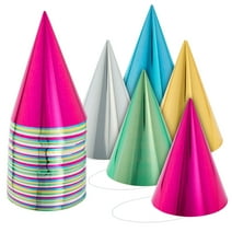 50 Pack Birthday Party Cone Hats for Kids and Adults, Bulk Set in 5 Colors (Metallic Blue/Green/Gold/Silver/Hot Pink)