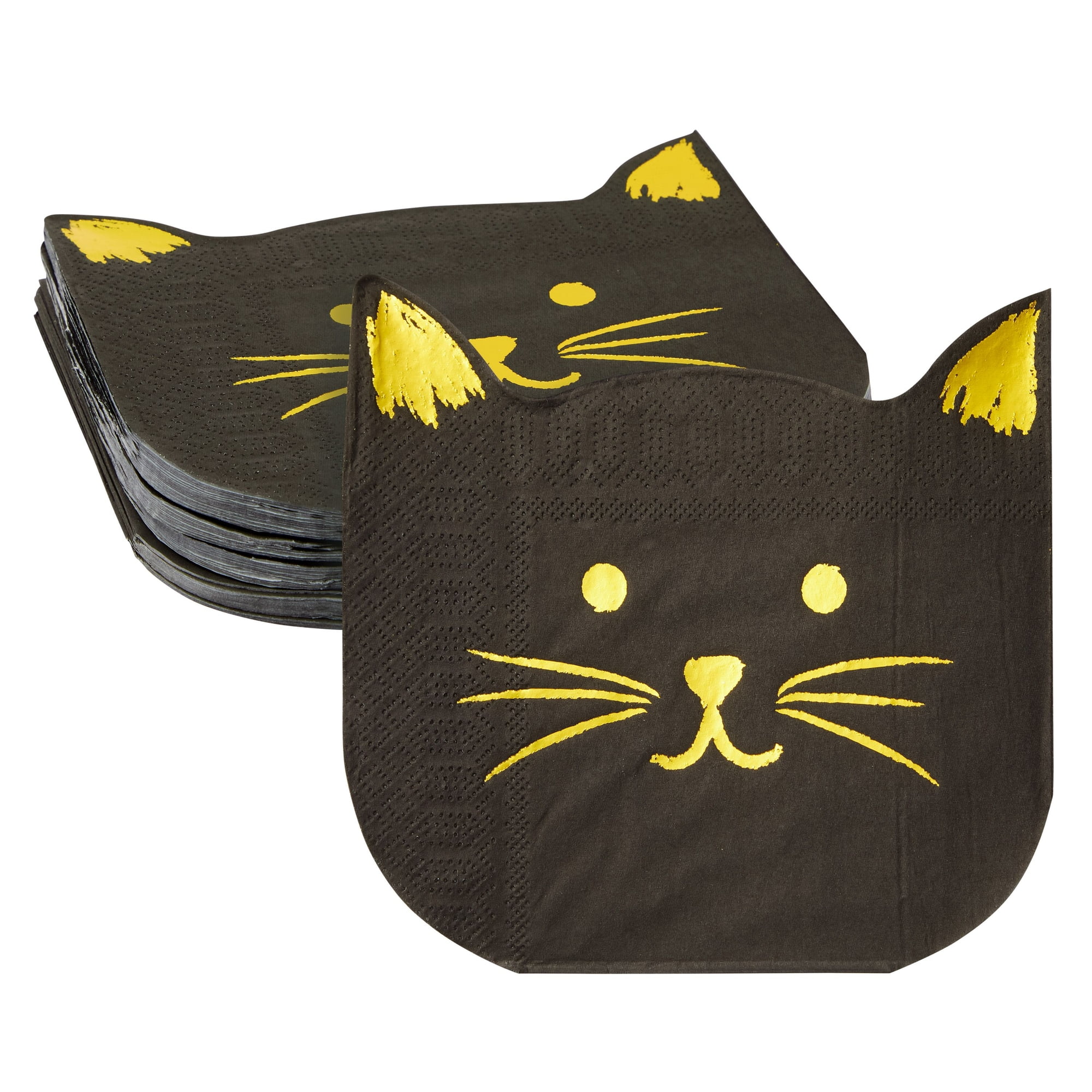 50 Pack Black Cat Cocktail Napkins with Gold Foil Accents for Birthday Party Supplies, Halloween Decorations (6.5 x 6.2 In)