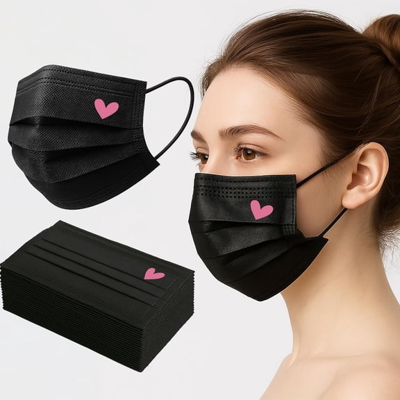 50 Pack Black Disposable Face Masks for Adults - Cute Heart Print 3-Ply Breathable Earloop Full Protection