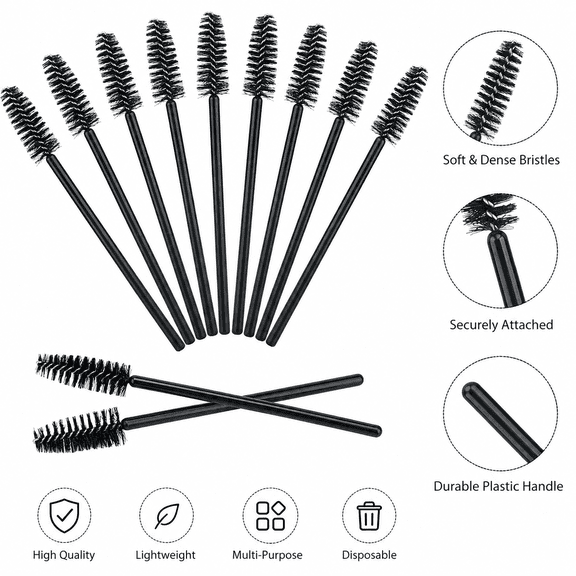50 Pack Black Disposable Mascara Wands Spoolie Brushes for Lash Makeup