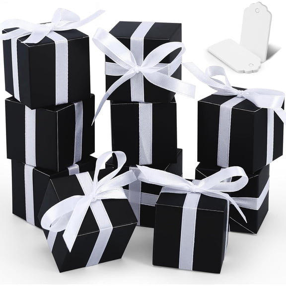 50 Pack Black Gift Boxes, 2x2x2 inch Gift Box, Small Candy Boxes with Lids and Ribbons, Paper Favor Box for Wedding Bridal Shower Baby Shower Birthday Party