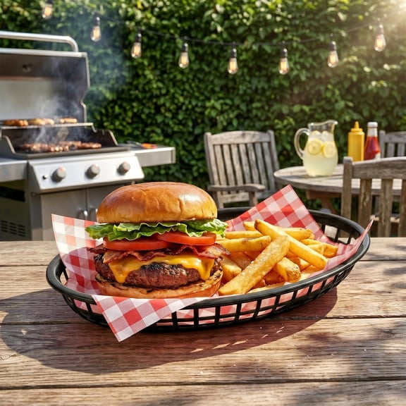 50 Pack Black Oval Fast Food Baskets, Food Serving Tray for Sandwiches, Burgers, Nachos, Fries, Hot Corn Dogs, Plastic Storage Basket Bin, 8-7/8 x 5-5/8 Inches