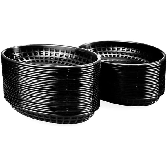 50 Pack Black Oval Fast Food Baskets, Food Serving Tray for Sandwiches, Burgers, Nachos, Fries, Hot Corn Dogs, Plastic Storage Basket Bin, 8-7/8 x 5-5/8 Inches