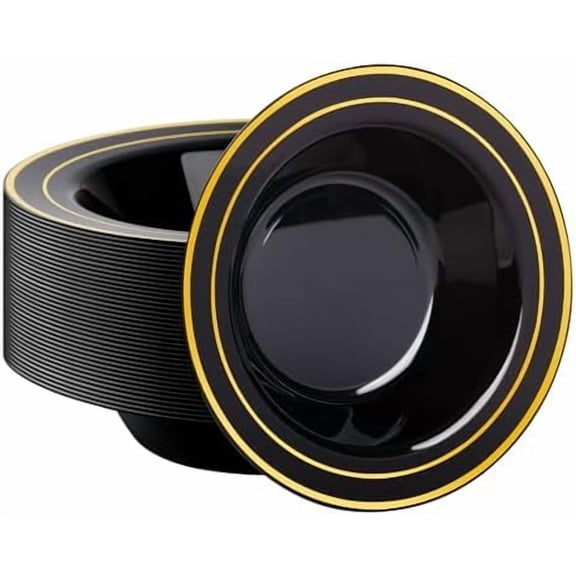 50 Pack Black Plastic Bowls with Gold Rim, 12oz Disposable Soup Bowls, Heavy Duty Dessert Bowls for Weddings, Parties, Dinners, Catering, and New Year