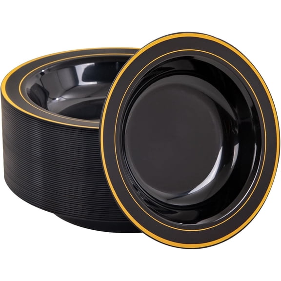 50 Pack Black Plastic Bowls with Gold Rim - 12oz Disposable Soup Bowls - Heavy Duty Dessert & Salad Bowl & Ice Cream Bowl for Weddings, Parties, Halloween and Everyday Use
