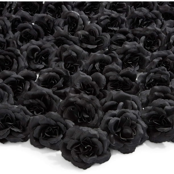 50 Pack Black Roses Artificial Flowers Bulk, 3 Inch Stemless Fake Silk