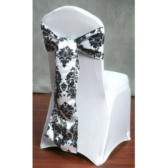 50 Pack Black White Damask Taffeta Chair Sashes Bows Wedding Flocking Flocked"