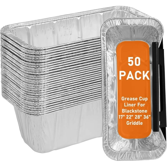 50-Pack Blackstone Griddle Accessories 5017 Grease Cup Liners, Aluminum Foil Drip Pan Grease Catcher Cup Liner for Blackstone 17, 22, 28, 36 Inch Griddle, Disposable Grill Grease Tray