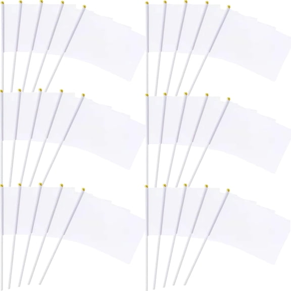 50 Pack Blank Flag DIY White Hand Waving Flags Banners Pennant Decoration for Game Parade Sport Events, Festival Party Handheld Flags with Plastic Stick 14 * 21cm with Gold Ball