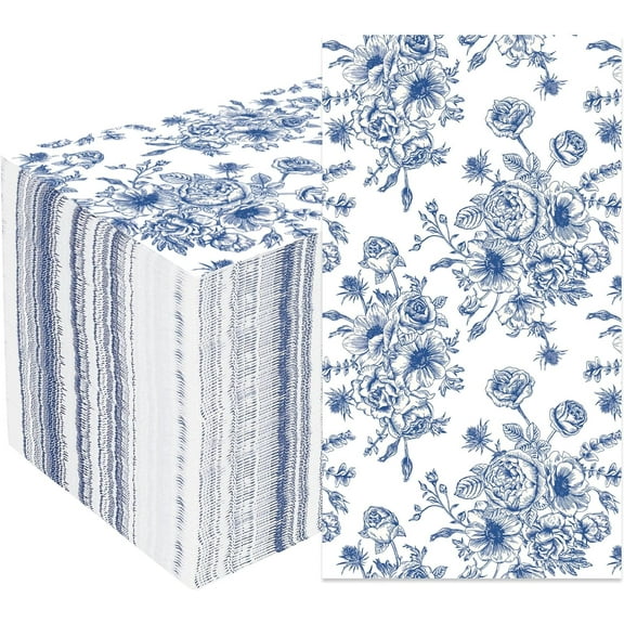 50 Pack Blue Floral Paper Napkins Blue Flower Guest Napkin Disposable 3 Ply Decorative Floral Hand Towels Dinner Napkins for Bridal Shower Baby Shower Wedding Birthday Dinner Party Supplies