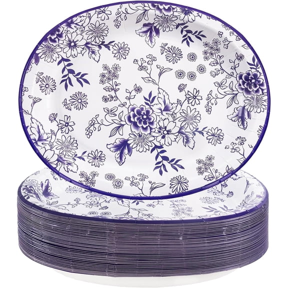 50 Pack Blue Floral Paper Plates - 10" x 12" Disposable Chinoiserie Oval Paper Plates - Heavy Duty Blue Large Disposable Dinner Serving Platters for Spring/Picnic/Wedding/Birthday