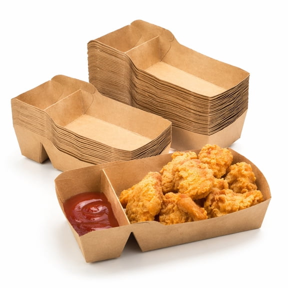 50 Pack Brown Paper Food Serving Trays, 2 Compartment Stackable Disposable Kraft Boat Trays, Small Fast Food holders Container for Hot Dogs Snacks Tacos Fries