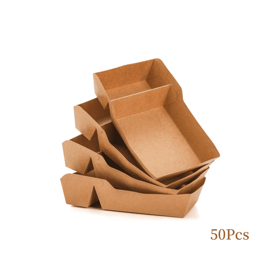 50 Pack Brown Paper Food Serving Trays, 2 Compartment Stackable Disposable Kraft Boat Trays, Small Fast Food holders Container for Hot Dogs Snacks Tacos Fries