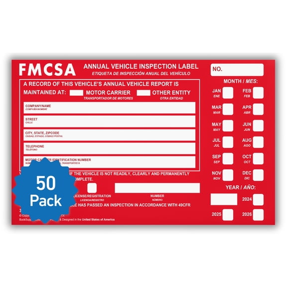 50 Pack Buck Aluminum Annual Vehicle Inspection Label with Punch Boxes, 2 Mil Red FMCSA Self Adhesive Sticker, DOT Compliant, Weatherproof, Tear Resistant, Easy to Write On, 6" x 3.5" - Made in USA