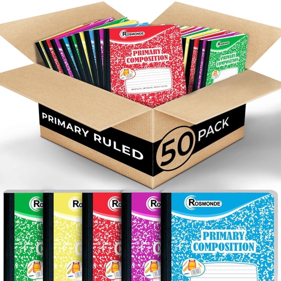 Rosmonde Primary Composition Notebooks Bulk, 50 Pack, 200 Pages (100 Sheets), 9.75 x 7.5 in, Dotted Ruled with Drawing Space, Hard Cover, Bulk School Supplies for Grades K2
