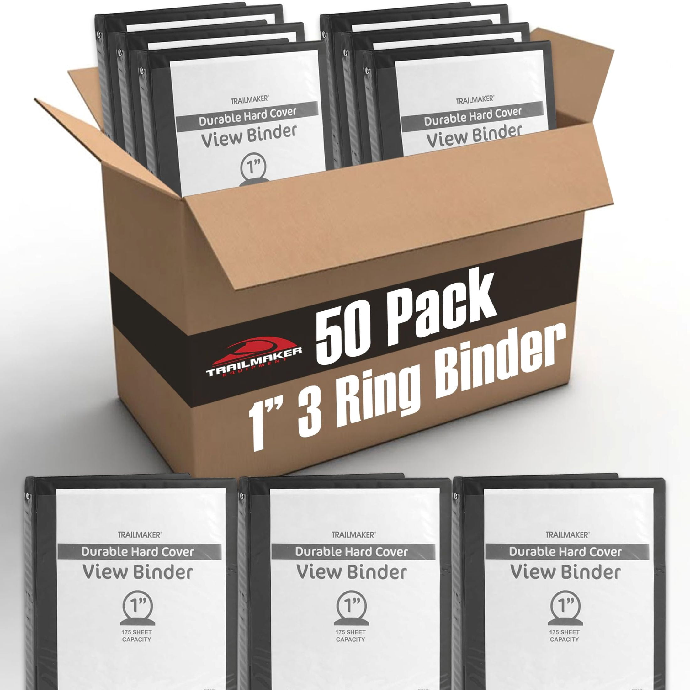 50 Pack of Bulk Wholesale 1 Inch 3 Ring Hardcover Binders with Clear Transparent Covers for Picture and Note Display for Office Employees in Black