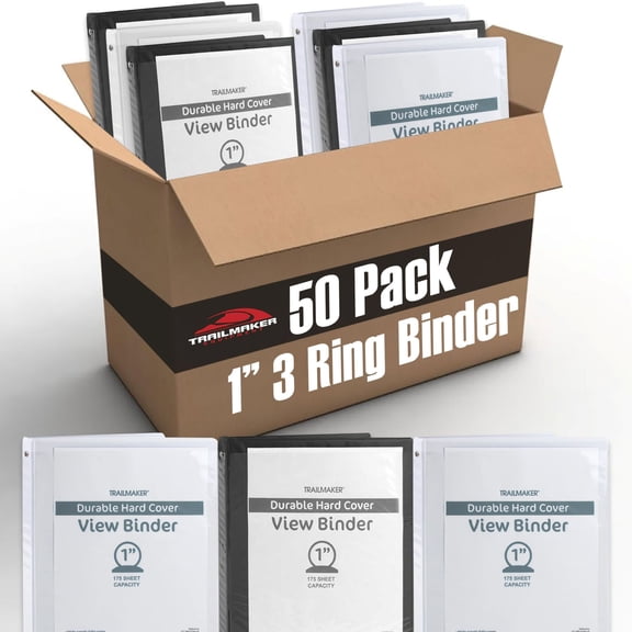 50 Pack of Bulk Wholesale 1 Inch 3 Ring Hardcover Binders with Clear Transparent Covers for Picture and Note Display for Students, Teachers, Schools, Offices and Classrooms in Black & White Mix Pack