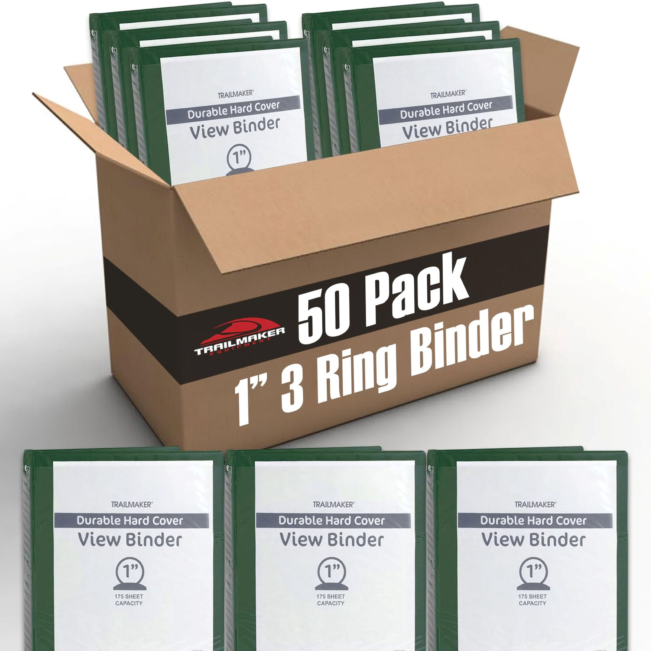 50 Pack of Bulk Wholesale 1 Inch 3 Ring Hardcover Binders with Clear Transparent Covers for Picture and Note Display for Office Employees in Hunter Green