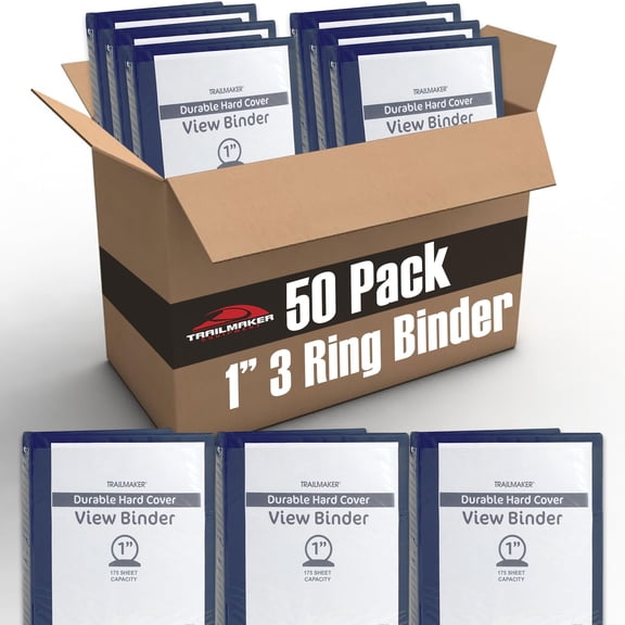 50 pack Trail maker 1 Inch 3 Ring Hardcover Binders with Clear Transparent Covers for Picture Note Displays in Blue