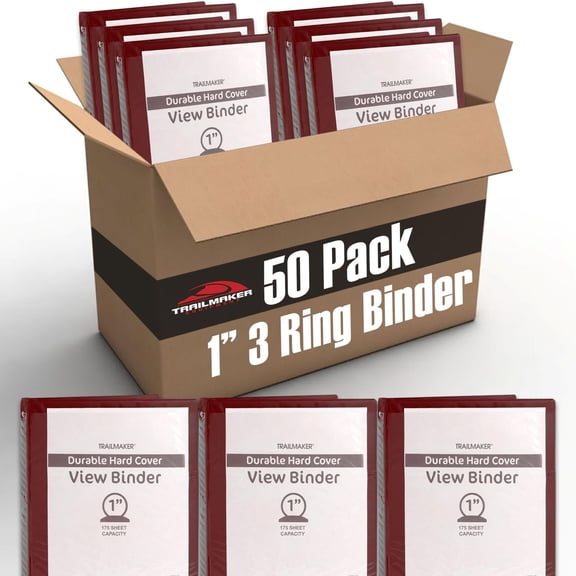 50 Pack of Bulk Wholesale 1 Inch 3 Ring Hardcover Binders with Clear Transparent Covers for Picture and Note Display for Offices Employees in Red