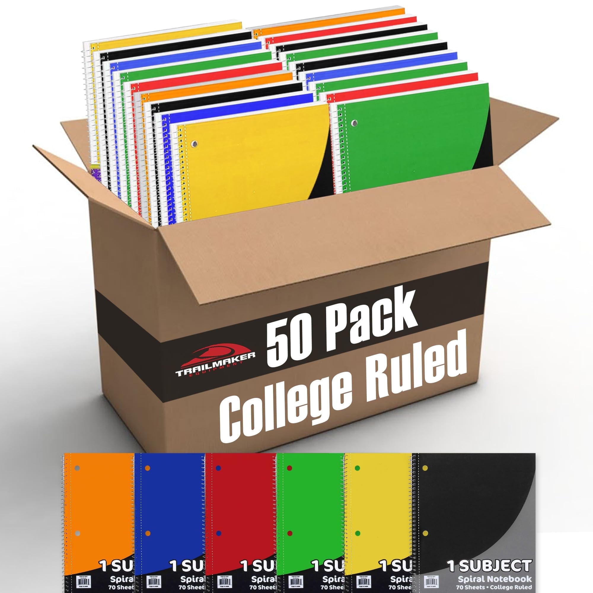 50 Pack of Bulk Wholesale 1 Subject 70 Sheet College Ruled Lined Spiral Notebooks in Assorted Colors