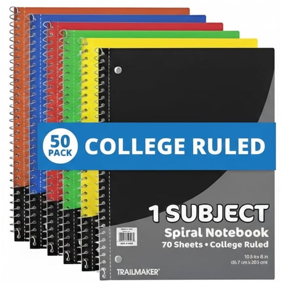 50 pack 1 Subject 70 Sheet College Ruled Lined Spiral Notebooks in Assorted Colors
