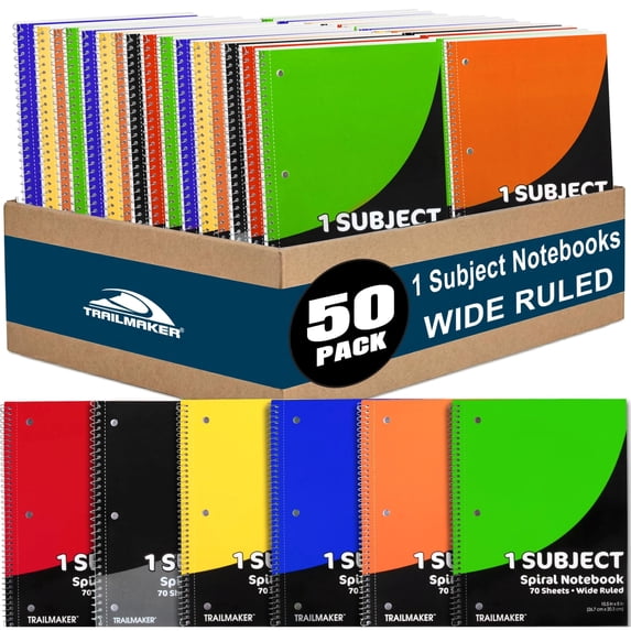 Trailmaker Bulk Notebooks (50 Pack), One Subject Notebooks Wide Ruled, 140 Pages (70 Sheets),Spiral Bulk Notebooks for Kids, School Supplies, Journaling, Note Taking, Students, and Work