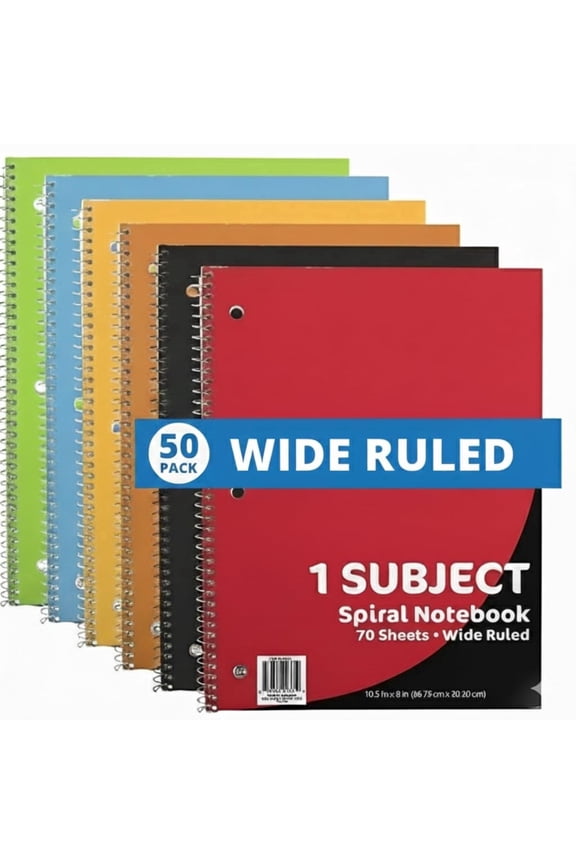 50 pack 1 Subject 70 Sheet Wide Ruled Lined Spiral Notebooks in Assorted Colors