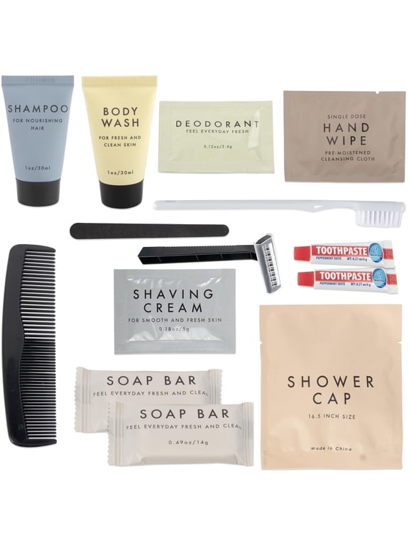 50 Pack of Bulk Wholesale 15 Piece Travel Size Hygiene Toiletry Kits Containing Shampoo, Body Wash, Deodorant, Bar Soap, Toothbrush, Toothpaste, Cleansing Wipe, Hair Comb, Shaving Cream & More!