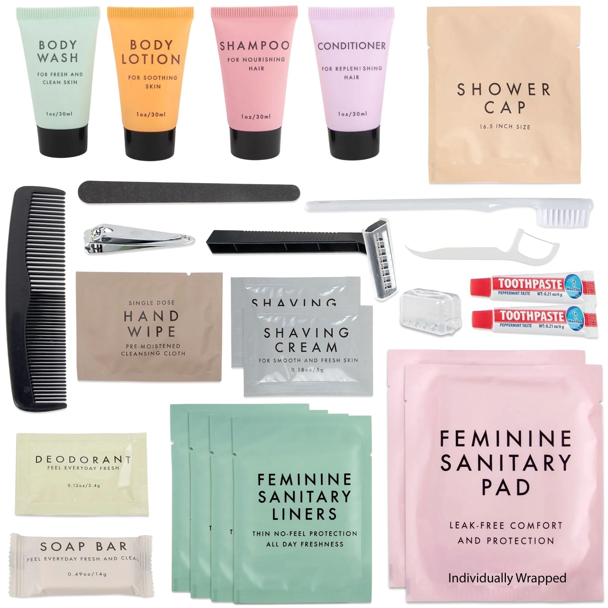 50 pack Trail maker 25 Piece Feminine Hygiene Travel Size Toiletry Kits Containing Shampoo, Conditioner & More!
