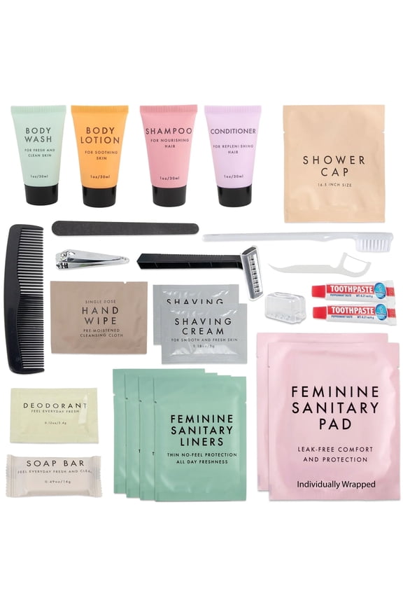 50 pack Trail maker 25 Piece Feminine Hygiene Travel Size Toiletry Kits Containing Shampoo, Conditioner & More!