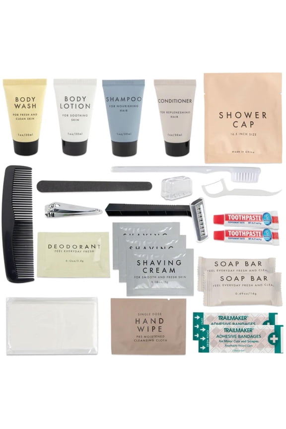 50 pack Trail maker 25 Piece Travel Size Toiletry Kits Containing Shampoo, Conditioner, Body Wash & More