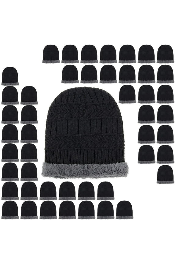50 Pack of Bulk Wholesale Adult One Faux Fur Lined Stretch Knit Beanie Skull Hats for Men, Women, Fall, Winter, Snow, Wind, Rain, Homeless and Charity Donation in Black