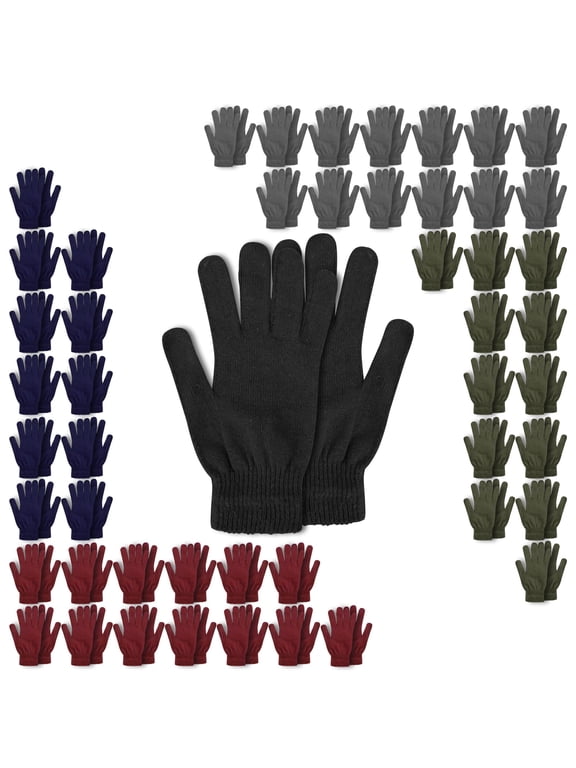 50 pack Trail maker Adult One Size Knit Stretch Cold Winter Weather Gloves in Black, Gray, Navy Blue, Red and Green