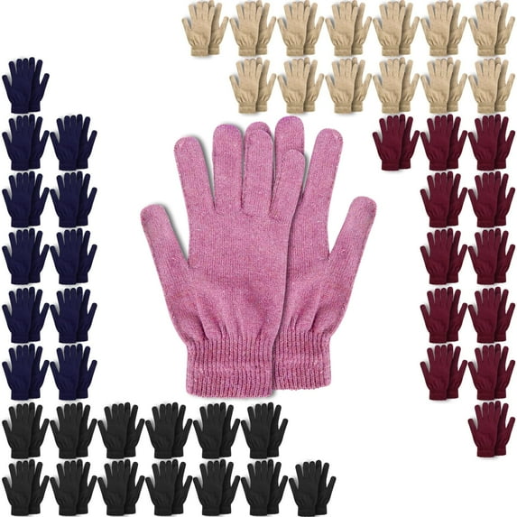 50 Pack of Bulk Wholesale Adult One Size Knit Stretch Cold Winter Weather Gloves for Men, Women, Teens, Homeless, Charity Donations for Harsh Temperatures in Black, Khaki, Navy Blue, Pink and Maroon