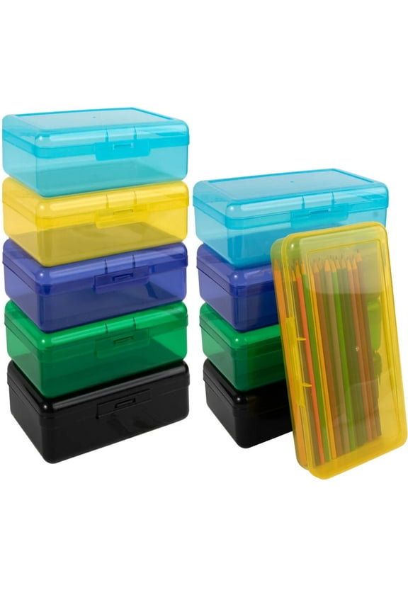 50 Pack of Bulk Wholesale Clear Colorful Hard Shell Pencil Case Boxes in Stackable Design for Storing Pens, Pencils and Writing Supplies in Multiple Colors