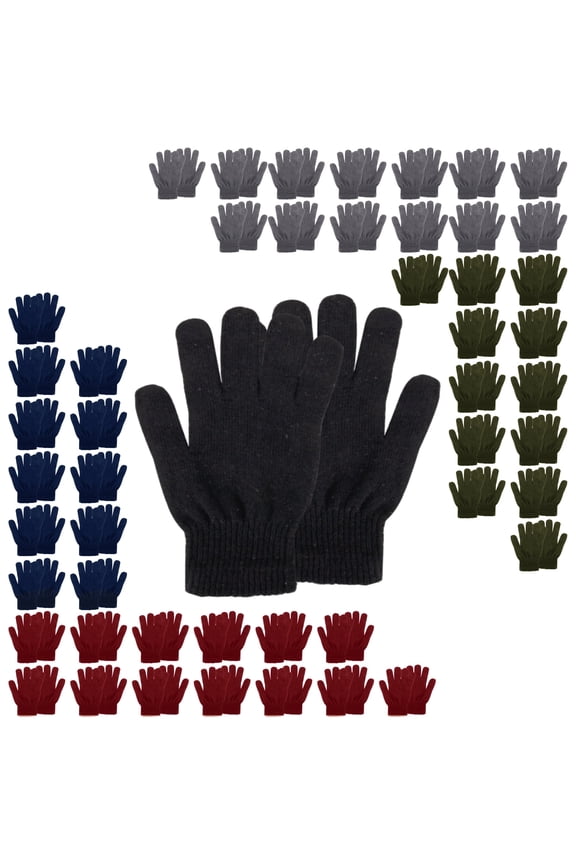 50 Pack of Bulk Wholesale One Size Childrens Knit Stretch Cold Winter Weather Gloves for Boys, Girls and Donation Drives for Cold Climates and Temperatures in Black, Gray, Navy Blue, Green & Red