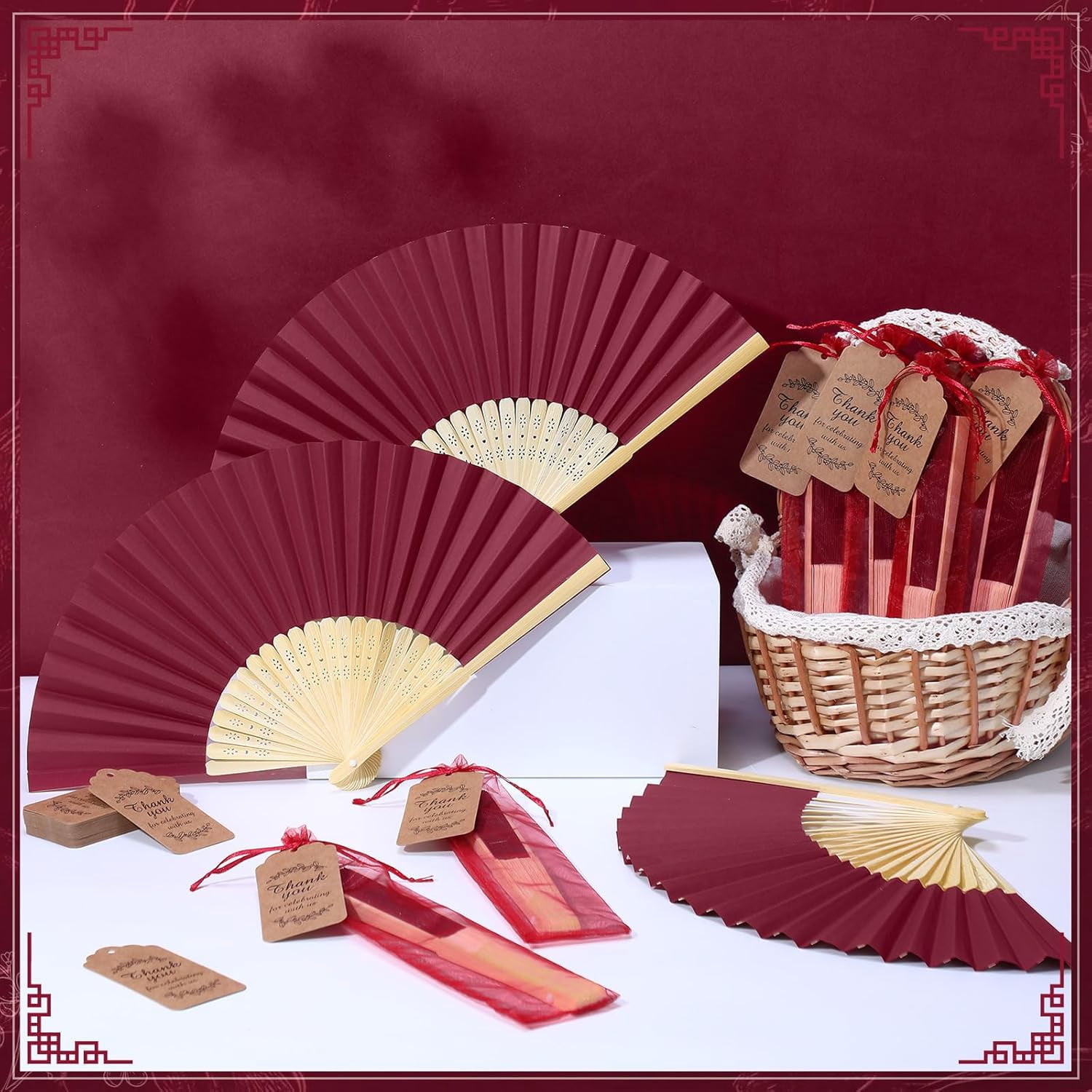 50 Pack Burgundy Wine Handmade Paper Folding Fans with Gift Bags and Thank You Cards for Wedding Party  Shower  Decor