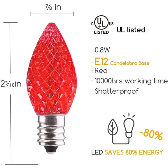 50 Pack C7 Replacement Christmas Light Bulb, C7 Shatterproof Bulbs for Christmas String Lights, E12 Candelabra Base, Commercial Grade Dimmable Holiday Bulbs, Red