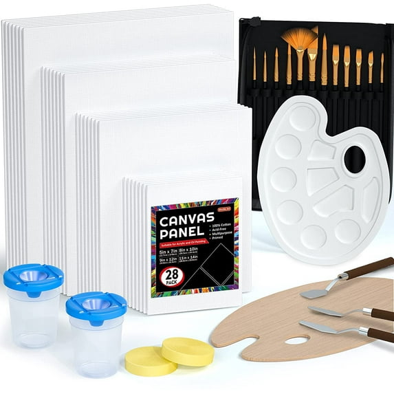 50 Pack Canvas Painting Kit, Shuttle Art Painting Supplies with 28 Multi Sizes Canvas Boards for Painting and 22 Tools including Paint Brushes, Palette, Painting Knives
