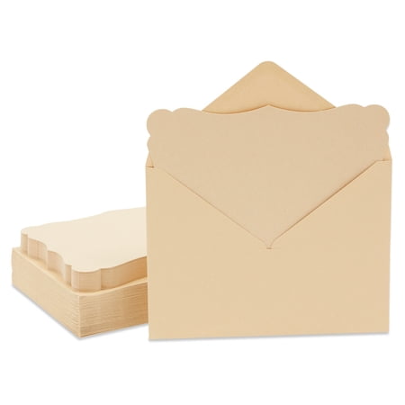 Paper Junkie Blank Scalloped Cards & Envelopes - 5x7 In, Brown Kraft, 50 Pack - Printable Rustic Cards & Kraft Paper Invitations for Wedding, Baby Shower & Birthday