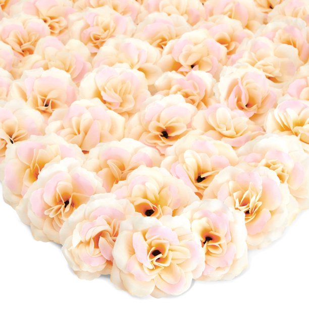 50 Pack Champagne Roses Artificial Flowers Bulk, 3 Inch Stemless Fake