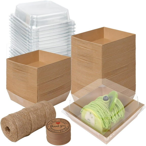 50 Pack Charcuterie Boxes with Clear Lids, 4 Inches Brown Oil-Proof Kraft Paper Food Containers Bakery Boxes for Sandwich, Cookies, Hot Cocoa, Cupcakes and StrawberriesBrown